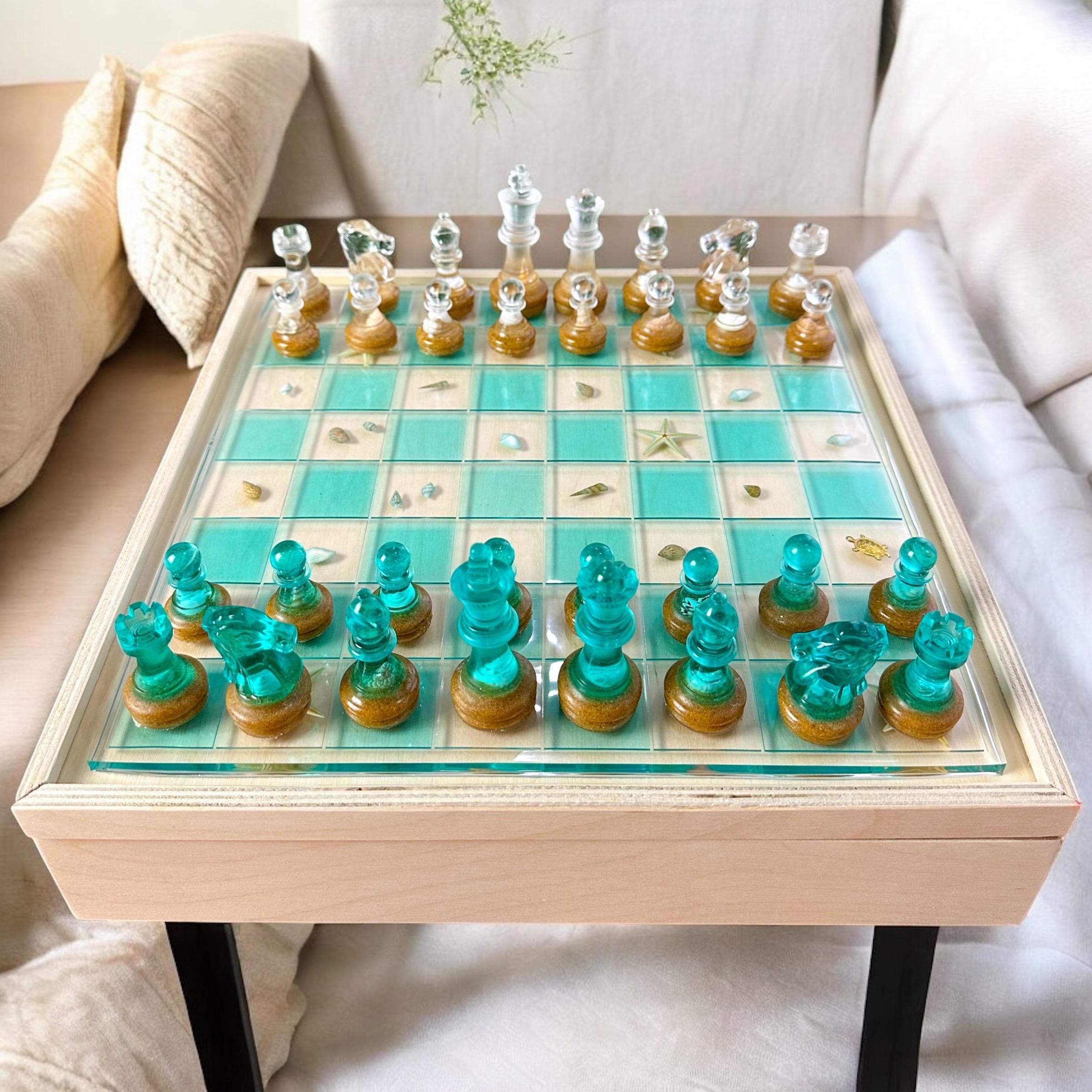 Luxury Ocean Chess Set with Storage, Ocean,Beach Themed Chess Set, Handmade High Quality Resin Chess Set with Wooden Box