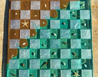 Beach Chess Set with Natural Wooden Storage, Ocean Beach Themed Resin Chess Board and Pieces with Wooden Box, Birthday Gift, Home Gift