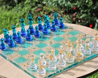 Ocean Blue Chess Set with Storage, Custom Resin Chess Set with Gold Flakes, Gift for him/her, Handmade Luxury Gift