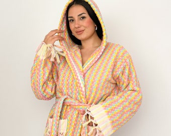 Handwoven 100% Organic Cotton Dressing Gown, Bubble Pom Pom Bathrobe, Pom Pom Hooded Kimono Robe, Colorful Cotton Robe, Fringed Thick Robe