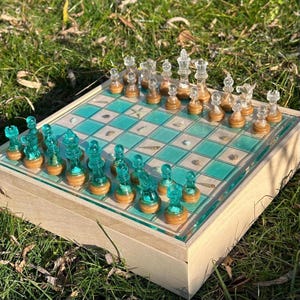 Luxury Ocean Chess Set with Storage, Personalized Beach Themed Chess&Checkers Set, Handmade High Quality Resin Chess Set with Wooden Box