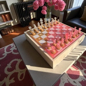 Luxury Pink Beach Chess Set with Storage, Resin Ocean Chess Set with Wooden Box, Unique Handmade Chess Set for Her