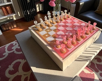 Luxury Pink Beach Chess Set with Storage, Resin Ocean Chess Set with Wooden Box, Unique Handmade Chess Set for Her