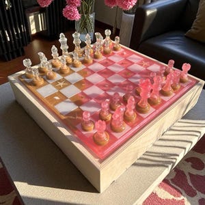 Luxury Pink Chess Set with Storage, Personalized Resin Ocean Chess Set with Wooden Box, Unique Handmade Chess Set for Her, Personalized Gift
