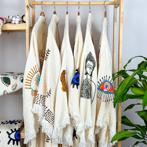 Turkish Cotton Handprinted Kimono, Organic Cotton Boho Festival Ethnic Robe, BeachWear, Dressing Gown, White Long Hooded Kimono