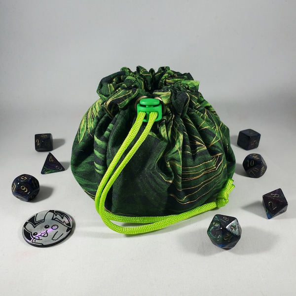 Green Drawstring Dice Bag with Pockets for D20 Storage- Polyhedral Pouch, DND Travel Sack, Tabletop Game Accessories- Nerdy Gamer DM GM Gift