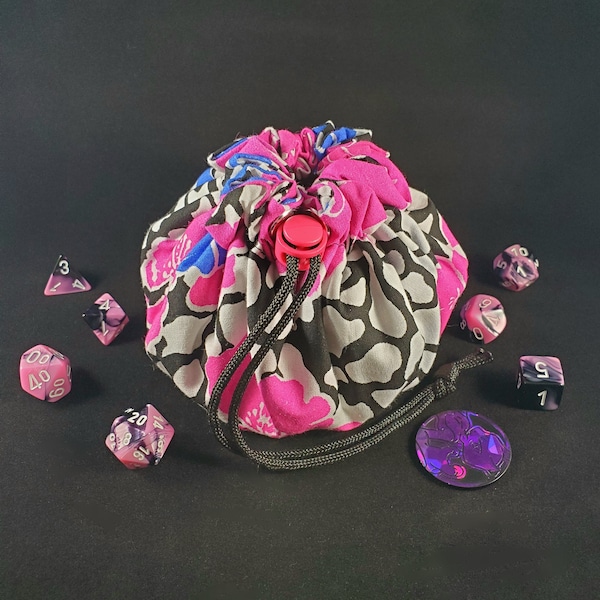 Floral Drawstring Dice Bag with Pockets for D20 Storage- Polyhedral Pouch, DND Travel Sack, Tabletop Game Accessories- Nerdy Gamer DM Gift