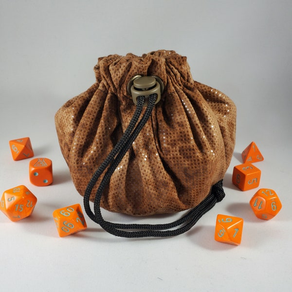 Brown Drawstring Dice Bag with Pockets for D20 Storage- Polyhedral Pouch, DND Travel Sack, Tabletop Game Accessories- Nerdy Gamer DM GM Gift