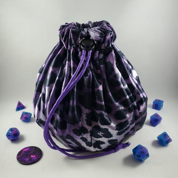 Huge Purple Drawstring Dice Bag Pockets, D20 Storage, Polyhedral Pouch, DND Travel Sack, Gaming Accessories Container, Handmade Gamer Gift