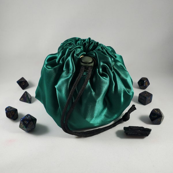 Green Drawstring Dice Bag Pockets, D20 Storage, Polyhedral Pouch, DND Travel Sack, Game Accessories Container, Handmade Nerdy Gamer DM Gift