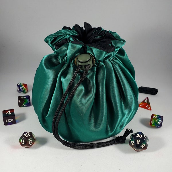 Large Green Drawstring Dice Bag Pockets, D20 Storage, Polyhedral Pouch, DND Travel Sack, Game Accessories Container, Handmade Gamer DM Gift