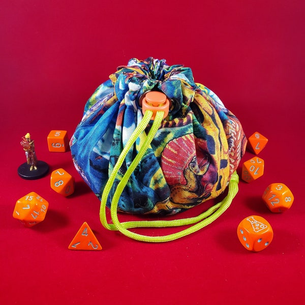 Dinosaur Drawstring Dice Bag with Pockets for D20 Storage- Polyhedral Pouch, DND Travel Sack, Tabletop Game Accessories- Nerdy Gamer DM Gift