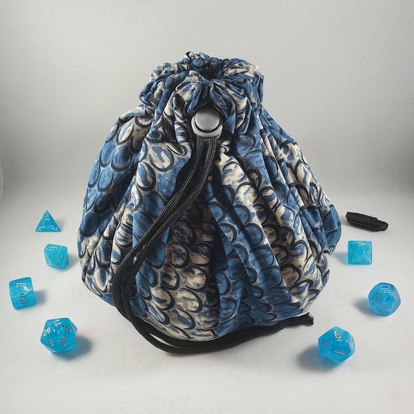 Huge Blue Drawstring Dice Bag Pockets, D20 Storage, Polyhedral Pouch, DND Travel Sack, Gaming Accessories Container, Handmade Gamer DM Gift