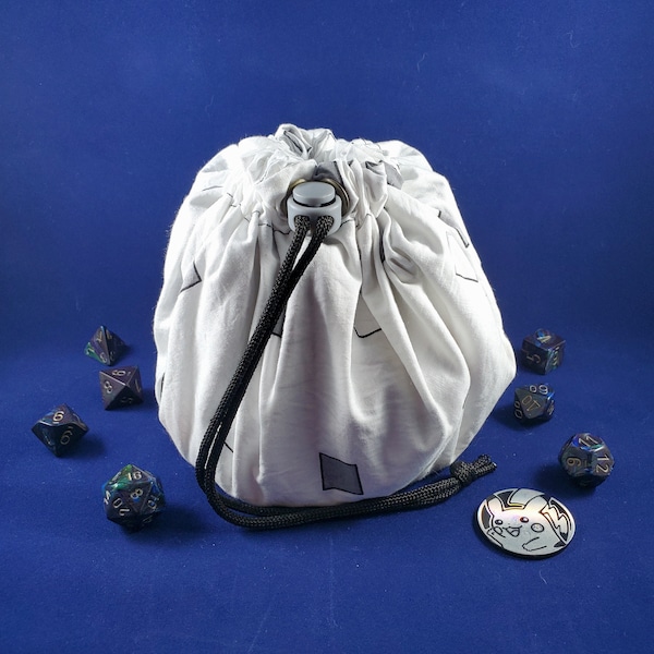 Large White Drawstring Dice Bag Pockets, D20 Storage, Polyhedral Pouch, DND Travel Sack, Game Accessories Container, Handmade Gamer DM Gift