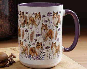 Taza de café Sheltie de 15 oz, taza Sheltie con flores, regalos Sheltie Cottagecore, tazas Sheltie, taza Sheltie Lover