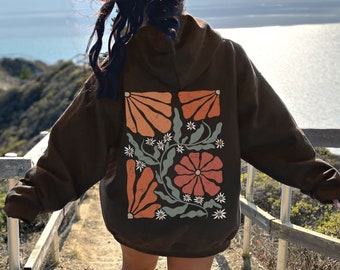 Bluza z kapturem w kwiaty boho, bluza z kapturem w stylu boho, bluza z kapturem w stylu retro, falowana, z motywem dzikich kwiatów, bluza z kapturem Cottagecore, bluza z kapturem w kwiaty, minimalistyczny sweter z dzikimi kwiatami