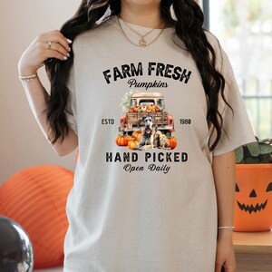 Pode incluir: Uma camiseta bege com um design gráfico de estilo vintage que apresenta um caminhão carregado de abóboras e dois cães. O texto diz "Farm Fresh Pumpkins Est. 1980 Hand Picked Open Daily".