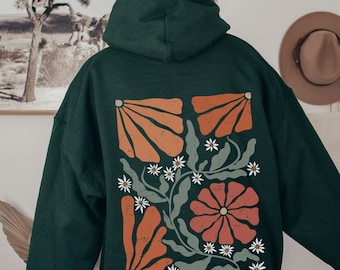 Bluza z kapturem w kwiaty boho, bluza z kapturem w stylu boho, bluza z kapturem w stylu retro, falowana, z motywem dzikich kwiatów, bluza z kapturem Cottagecore, bluza z kapturem w kwiaty, minimalistyczny sweter z dzikimi kwiatami