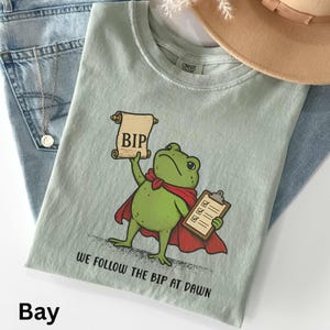 May include: A sage green t-shirt featuring a graphic of a green frog wearing a red cape, holding a scroll labeled BIP and a clipboard. The text below the frog reads WE FOLLOW THE BIP AT DAWN. The shirt has a crew neckline and short sleeves.