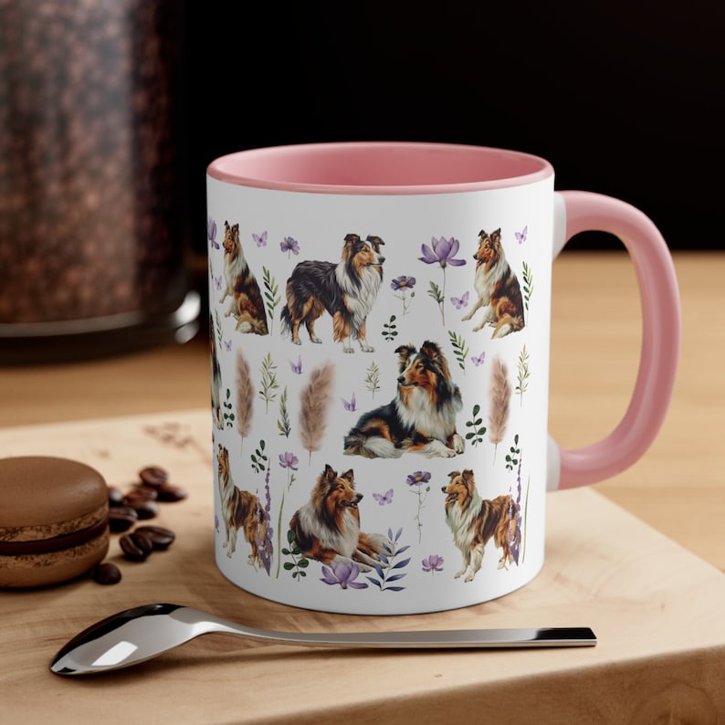Becher mit Collie-Motiv, Kaffeetasse mit Collie-Motiv, Collie-Liebhaber-Kaffeebecher mit Blumenmuster, Becher mit Wildblumenmuster, Geschenke für Collie-Fans, Collie-Mama Bild 1