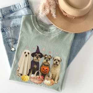 Puede incluir: Camiseta verde claro con un diseño de perros de Halloween. El diseño muestra un perro fantasma, un perro bruja, un perro con una calabaza y un perro momia. La camiseta está junto a unos vaqueros azules, un sombrero beige y un collar dorado.