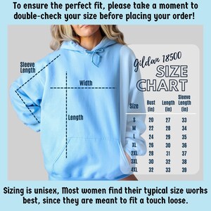 May include: A size chart for Gildan 18500 hoodies, showing measurements in inches for bust, length, and sleeve length. The chart includes sizes S through 4XL.