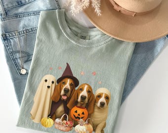 Maglietta Basset Hound di Comfort Colors per Halloween, T-shirt Basset Hound, Abbigliamento autunnale Basset Hound, Regali per cani di Halloween, Regali per la mamma di un Basset Hound
