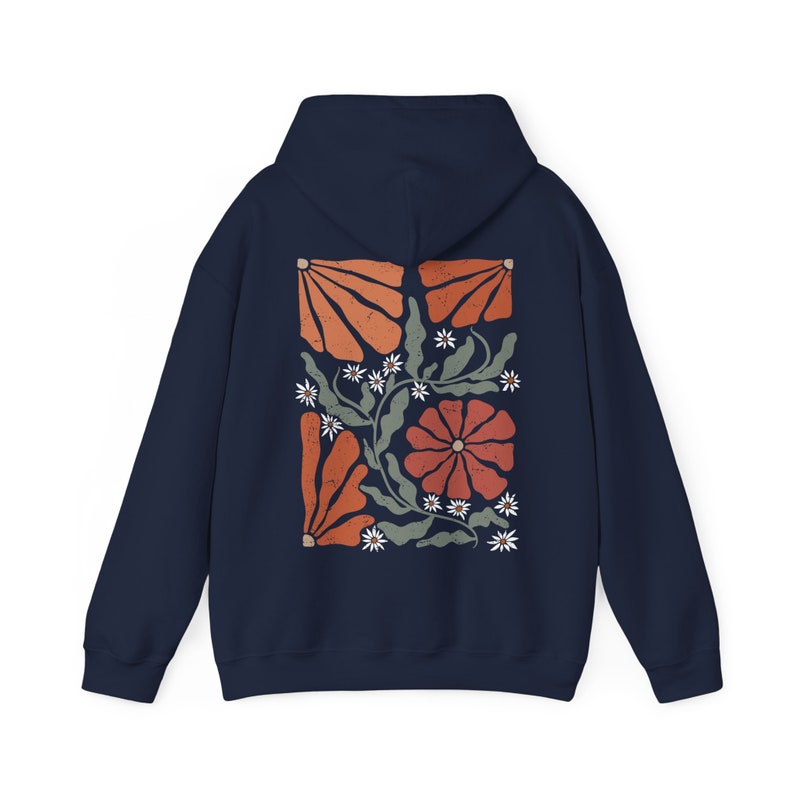Boho Flowers Hoodie Botanical Nature Hoodie Retro Wavy Wildflower Hoodie Cottagecore Hoodie Floral Hoodie Minimalist Wildflower Sweater Navy