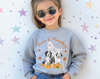 KIDS Sheepadoodle Sweatshirt Fall Youth Sheepadoodle Kids Halloween Dog Sweater Halloween Crewneck Pumpkin Sweatshirt Sheepadoodle Gifts