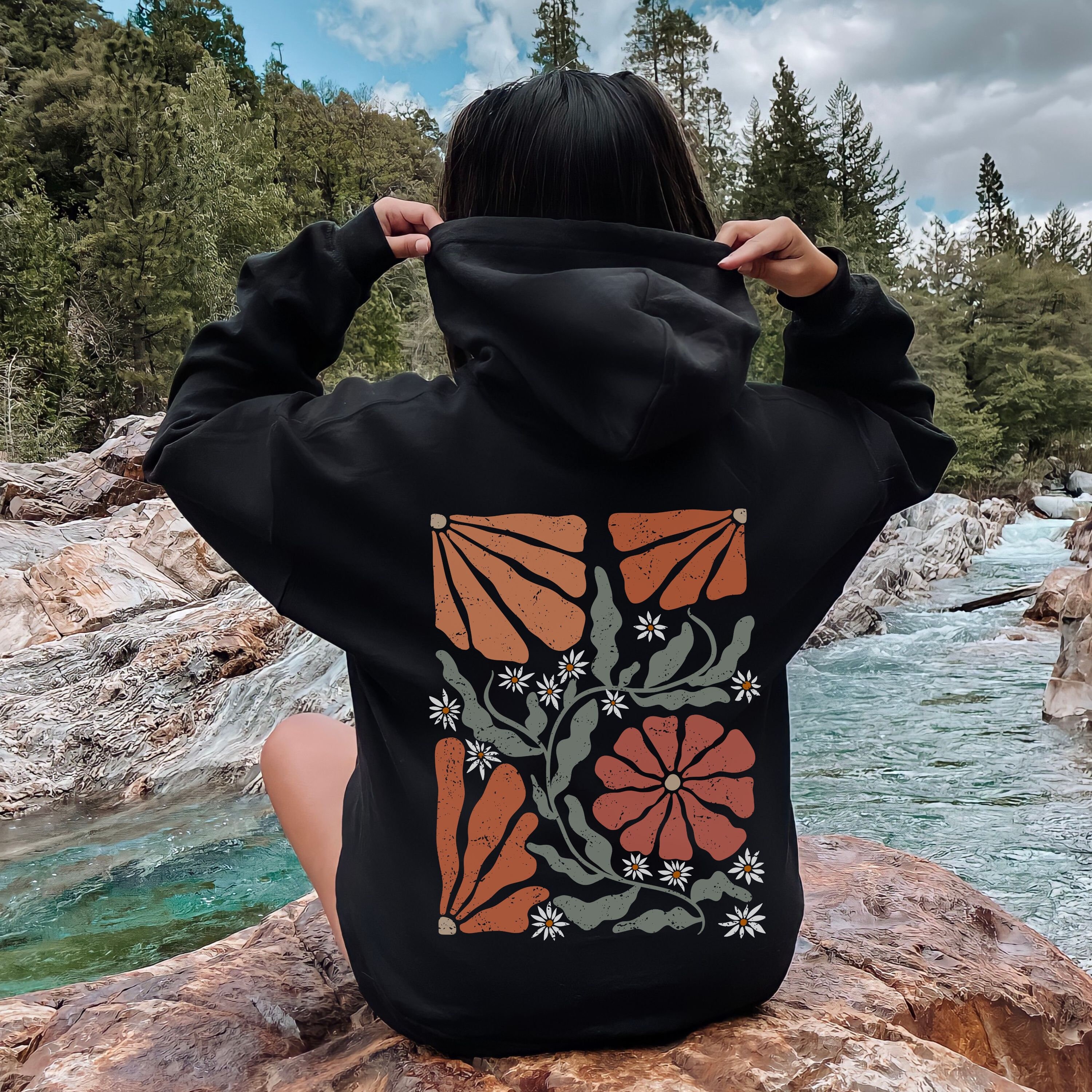 Boho Flowers Hoodie Botanical Nature Hoodie Retro Wavy Wildflower