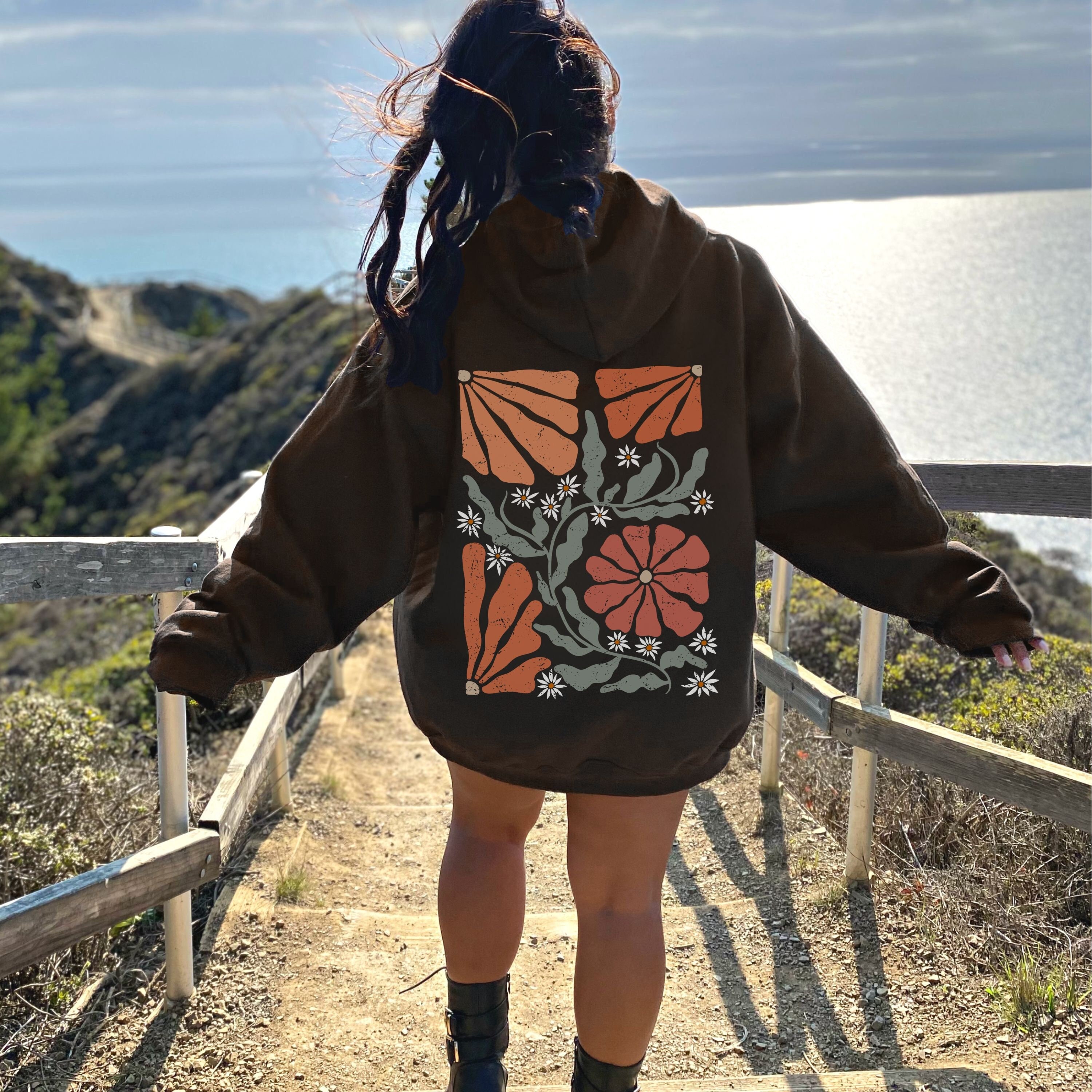 Boho Flowers Hoodie Botanical Nature Hoodie Retro Wavy Wildflower