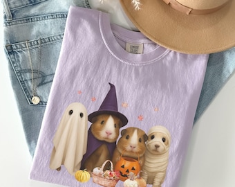 Cores confortáveis Halloween, camiseta de porquinho da Índia, camiseta de porquinho da Índia, roupas de outono de porquinho da Índia, presentes de Halloween, mãe de porquinho da Índia, presentes de porquinho da Índia
