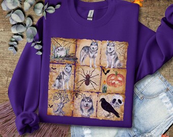 Vintage Halloween Siberian Husky Sweatshirt Fall Grunch Sweater Siberian Husky Mom Retro Halloween Sweatshirt Halloween Siberian Husky Gifts