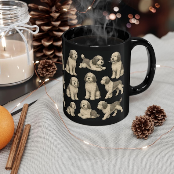 Kaffeetasse mit Old English Sheepdog-Motiv, Retro-Tassen in Schwarz, 11 oz (325 ml) und 15 oz (440 ml), Geschenkidee für Old English Sheepdog-Mütter, Geschenkidee für Sheepdog-Väter, Tassen für Hundeliebhaber