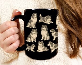 Taza de café con diseño de Pastor de Shetland, Tazas negras retro de 325 ml (11 oz) y 445 ml (15 oz), Regalos para mamás y papás de Pastores de Shetland, Tazas para amantes de los perros, Regalos para dueños de Pastores de Shetland