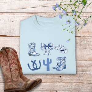 Couleurs confortables Chemise de cow-girl occidentale Chemise de cow-boy Chemise à nœud Coquette T-shirt à nœud esthétique Bottes de cow-girl Chemise Chemises de pays de l'Ouest