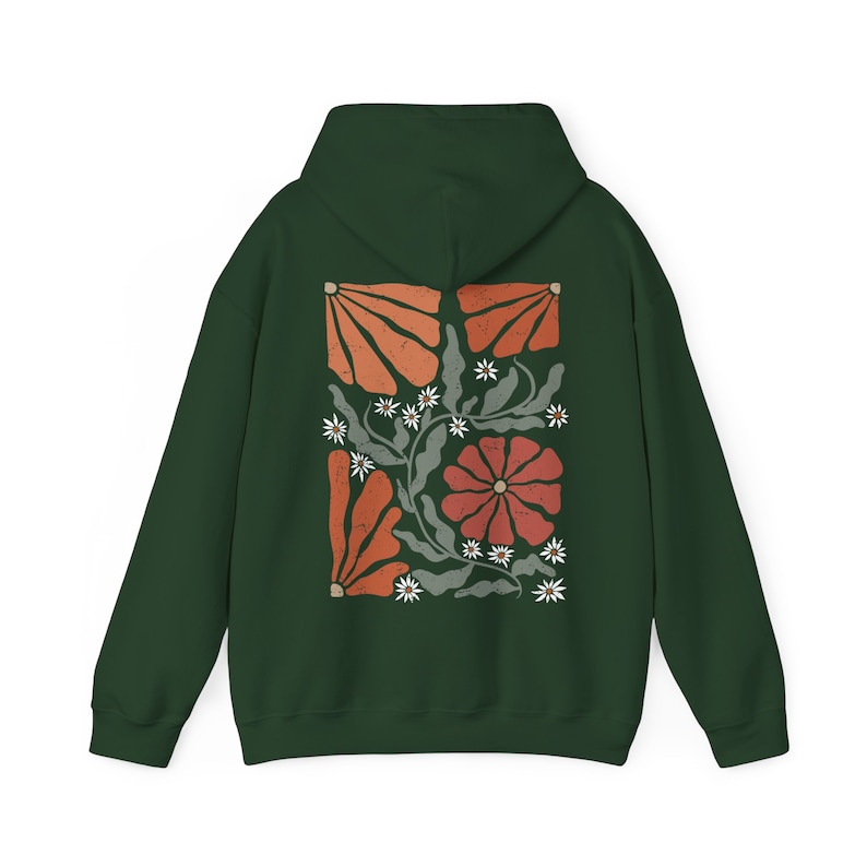 Boho Flowers Hoodie Botanical Nature Hoodie Retro Wavy Wildflower Hoodie Cottagecore Hoodie Floral Hoodie Minimalist Wildflower Sweater Forest Green