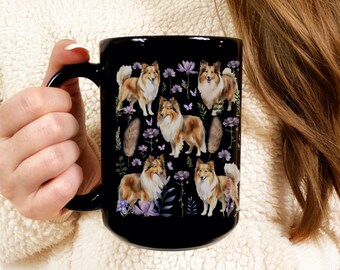 Taza de perro pastor de Shetland, tazas negras, 11 oz, 15 oz, mamá sheltie, papá sheltie, regalo sheltie, regalos sheltie, taza sheltie, taza de café sheltie, dueño de sheltie