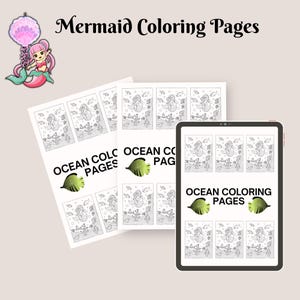 Cute Mermaid Coloring Pages | Printable Under the Sea Art Kawaii Ocean Theme Hand-Drawn | PNG+PDF Ocean Life