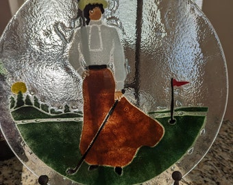 Peggy Karr Lady Golfer Themed Fused 14' Charger Made in USA, Signed  P Karr