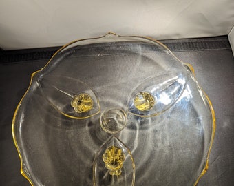 Lancaster Glass 3 Footed 10"  Glass/cake stand/plate Yellow leaf
