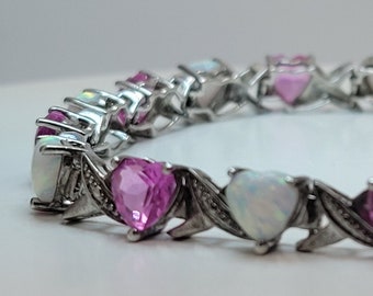 October Birthstone Tennis Bracelet | Tourmaline Opal Heart Gemstones | Sterling Silver | Gift for Her | Stocking Stuffer | Unique Present