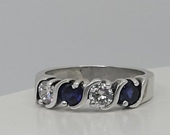 Blue White Sapphire Cocktail Ring | Vintage Sterling Silver Ring | Blue Gemstone Statement Ring | 5th Anniversary September Birthstone Gift
