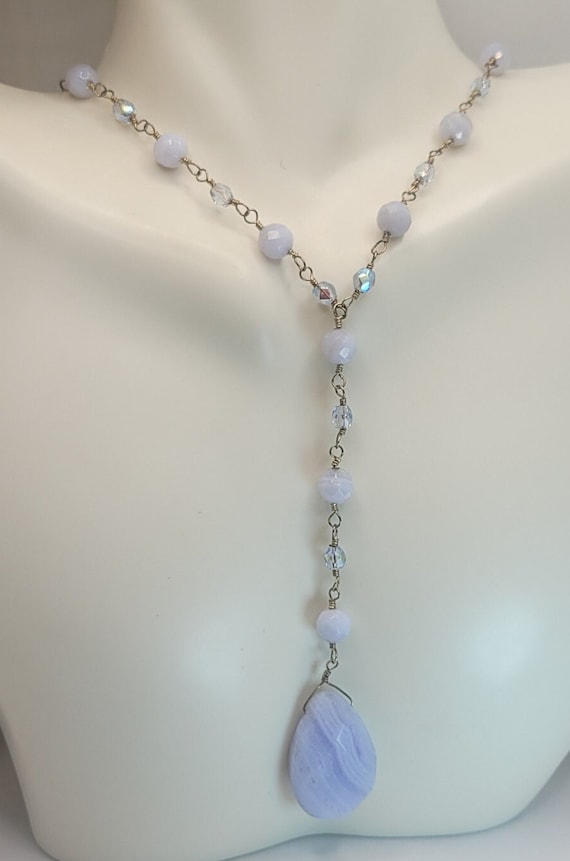 Boho Y Necklace | Blue Lace Agate Austrian Crysta… - image 2