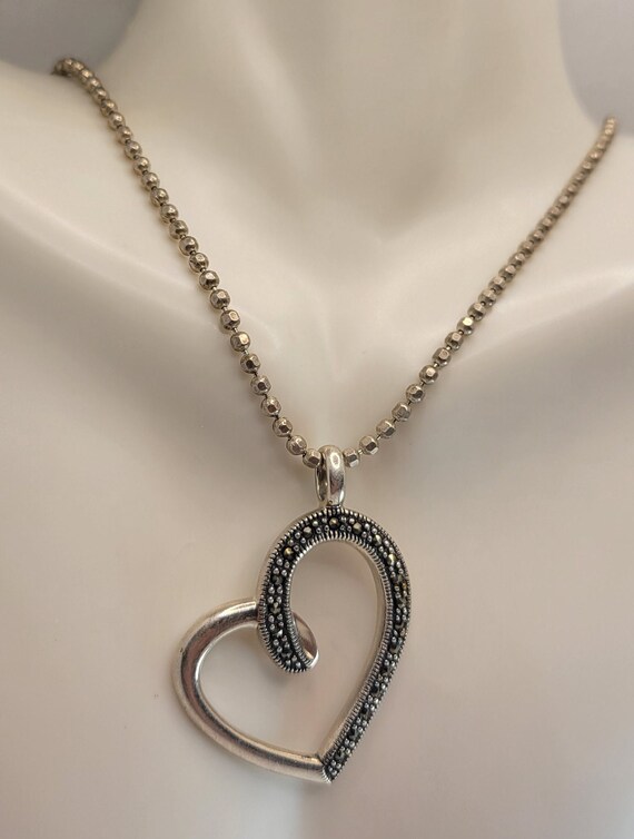 Vintage Open Heart Pendant Necklace | Marcasite S… - image 2