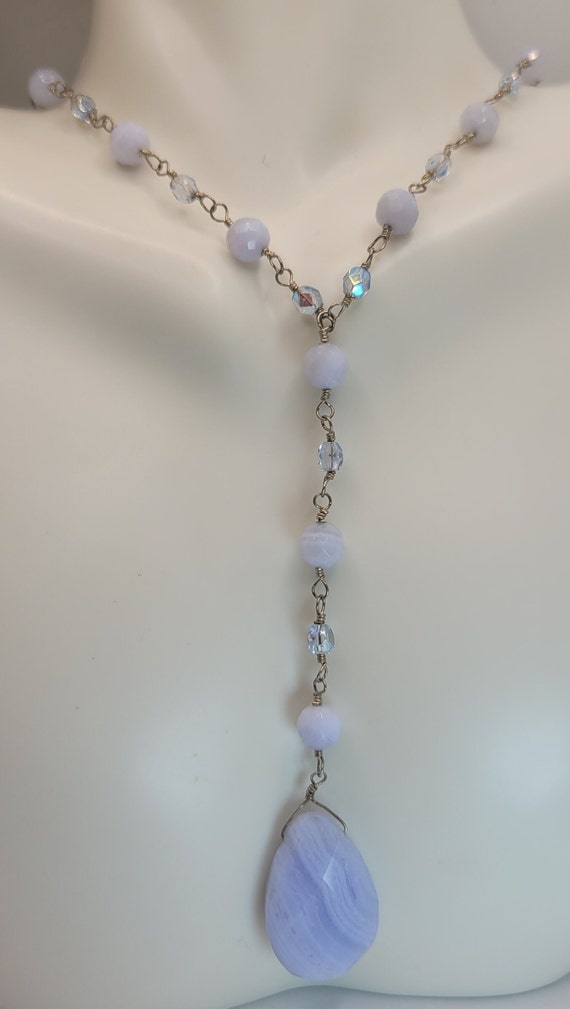 Boho Y Necklace | Blue Lace Agate Austrian Crysta… - image 3