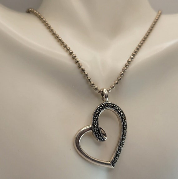 Vintage Open Heart Pendant Necklace | Marcasite S… - image 1