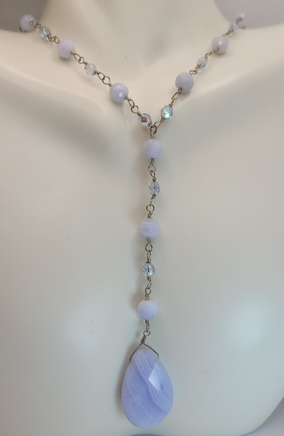 Boho Y Necklace | Blue Lace Agate Austrian Crysta… - image 1