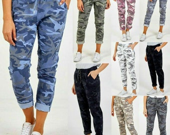 Womens Magic Pants Italian Lagenlook Casual Stretch Camouflage Camo Army Print Joggers Ladies Trousers