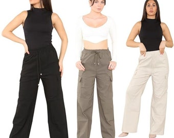 Womens  Elastic Waist Combat Cargo Trousers, Elastic Waist Drawstring Plazzo Leggings, Plain Wide Leg Pants,  4 Pocket plazzo style legging